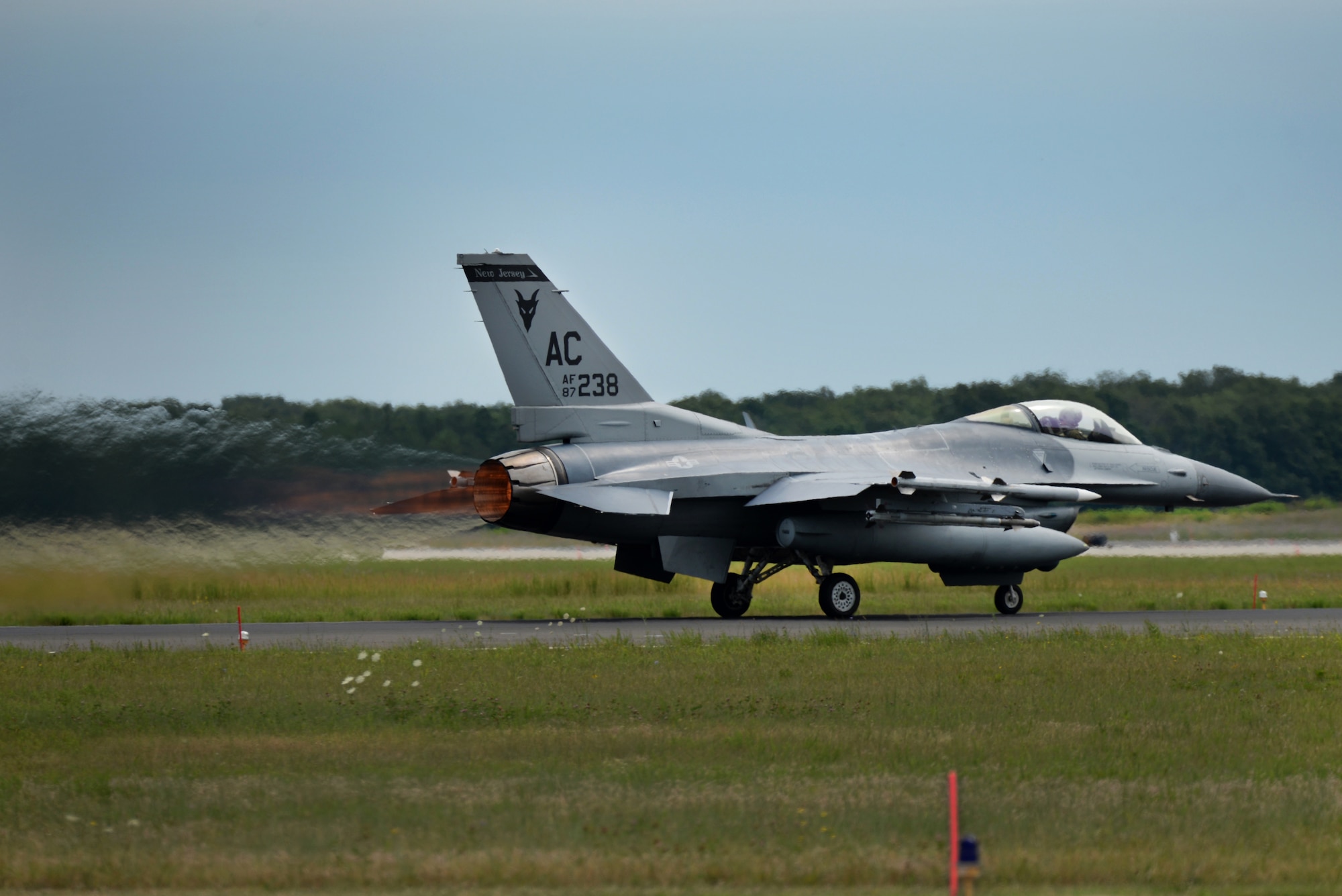 A picture of a U.S. Air Force F-16C Fighting Falcon with the 177th Fighter Wing on the runway.