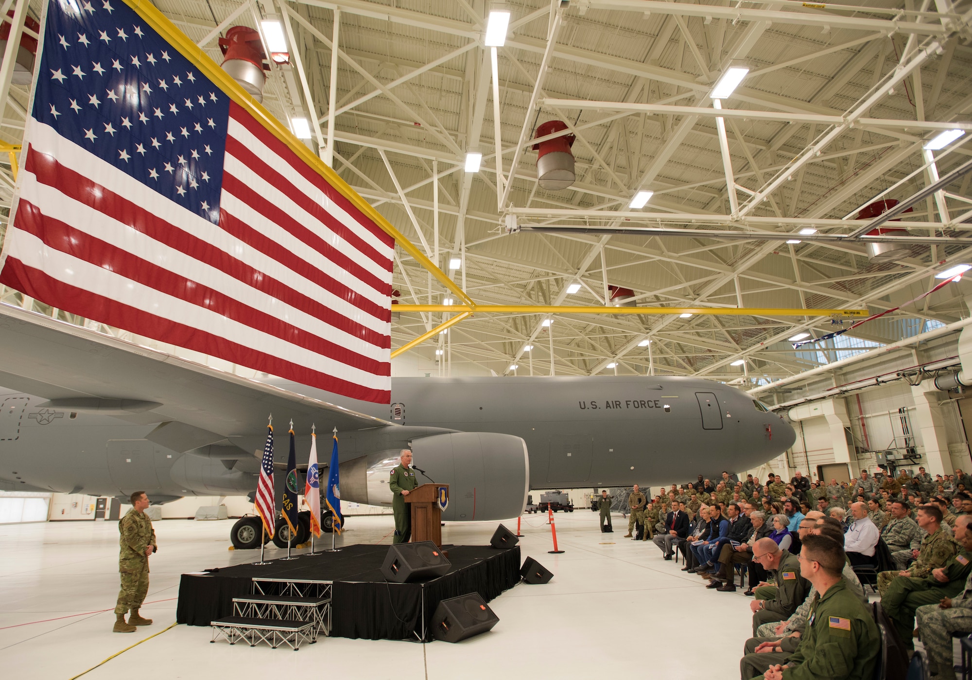 Gen. Paul J. Selva, 10th Vice Chairman of the Joint Chiefs of Staff, speaks to Airmen at McConnell Air Force Base, Kan., Jan. 31, 2019, during a welcoming ceremony for the delivery of the third and fourth KC-46A Pegasus aircraft. McConnell is expected to receive 18 new KC-46s during the initial allocation to the Air Force. (U.S. Air Force photo by Staff Sgt. David Bernal Del Agua)