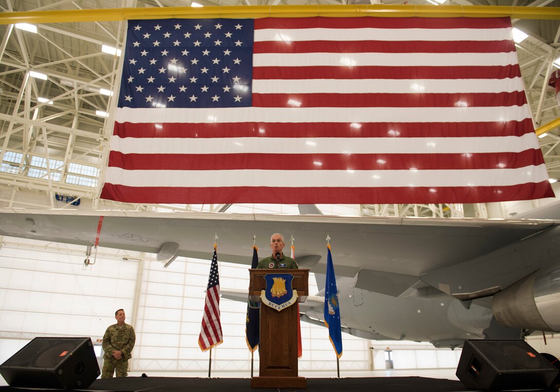 Gen. Paul J. Selva, 10th Vice Chairman of the Joint Chiefs of Staff, speaks during a welcoming ceremony for the delivery of the third and fourth KC-46A Pegasus aircraft at McConnell Air Force Base, Kan., Jan. 31, 2019. Global air refueling is the foundation of global mobility and the bedrock of the nation’s ability to deploy forces. The KC-46 is the newest aircraft in the Air Force’s strategic arsenal, and it will operate along with the KC-135 Stratotanker and the KC-10 Extender. (U.S. Air Force photo by Staff Sgt. David Bernal Del Agua)