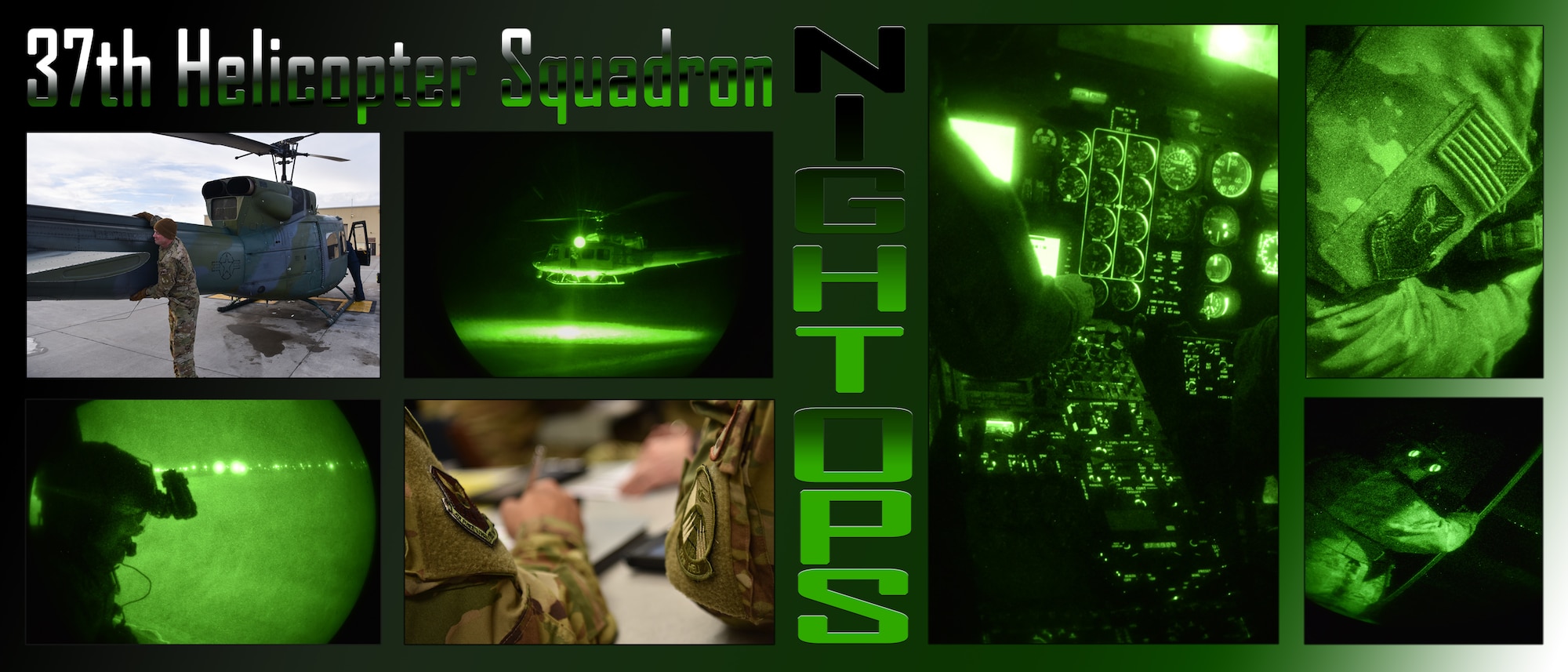 The 37th Helicopter Squadron performs night operations to stay prepared for any situation Jan. 21, 2018, in the F.E. Warren Air Force Base Missile Complex. The 37th HS is responsible for the protection of convoys, from the air, when transporting payloads to and from the missile complex. Continuous training allows them to provide safe, secure and effective protection to the nuclear enterprise. (U.S. Air Force photo illustration by Airman 1st Class Braydon Williams)