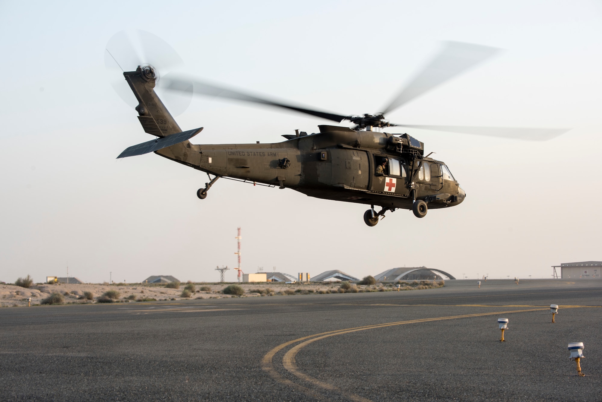 A UH-60 Blackhawk takes off from an undisclosed location in Southwest Asia, Jan. 31, 2019. Air Force and Army personnel teamed up to get injured and sick service members home to receive proper care.