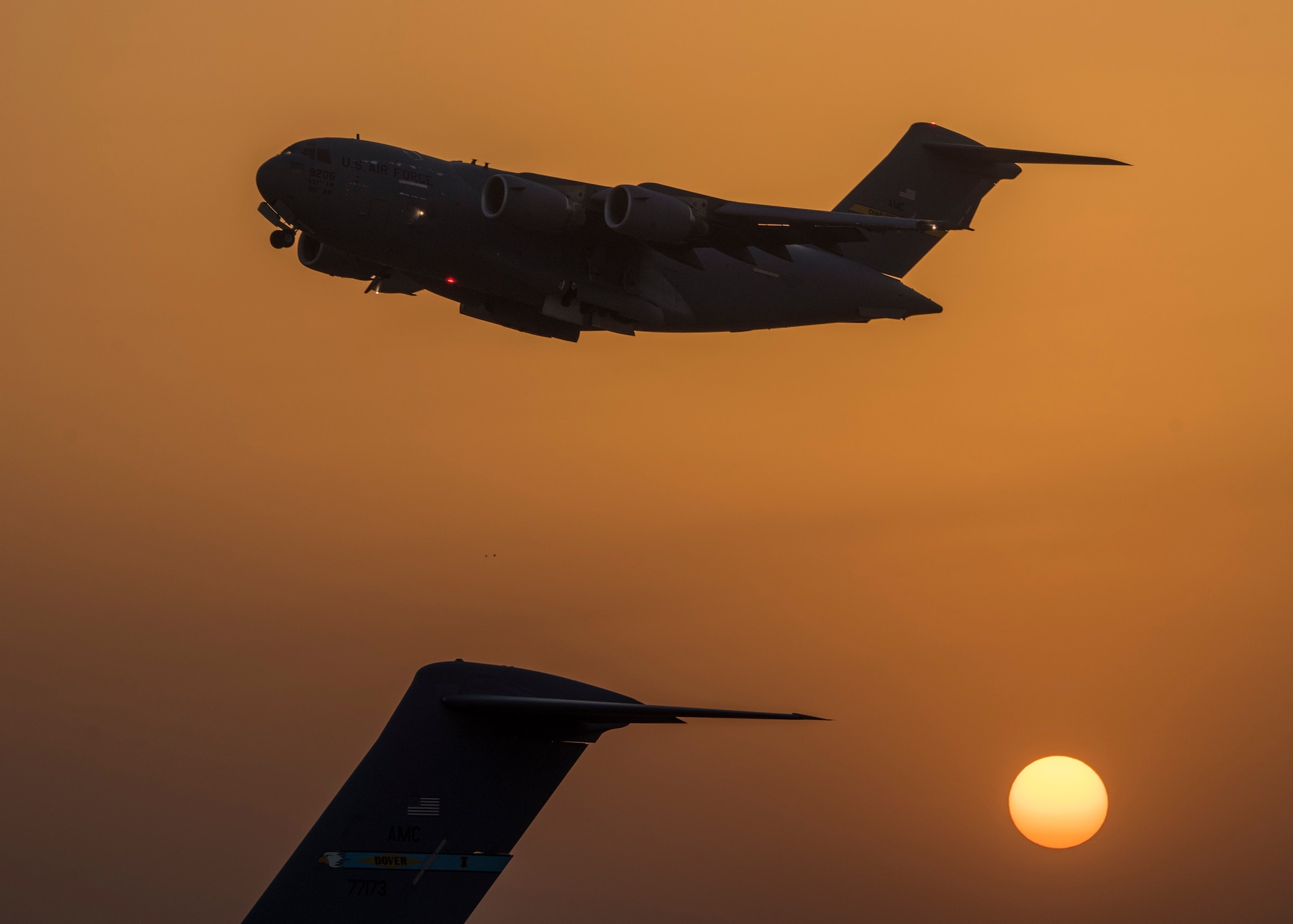 A C-17 Globemaster III takes off from an airfield in an undisclosed location in Southwest Asia, Jan. 31, 2019. The 386th Expeditionary Medical Group facilitate transfers of ill personnel from across the area of responsibility back to the United States or other locations to receive required care