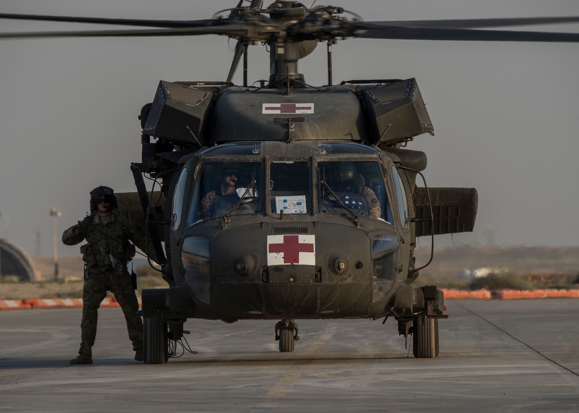 U.S. Army personnel prepare to unload patients at an undisclosed location in Southwest Asia, Jan. 31, 2019. The 386th Expeditionary Medical Group facilitate transfers of ill personnel from across the area of responsibility back to the United States or other locations to receive required care.