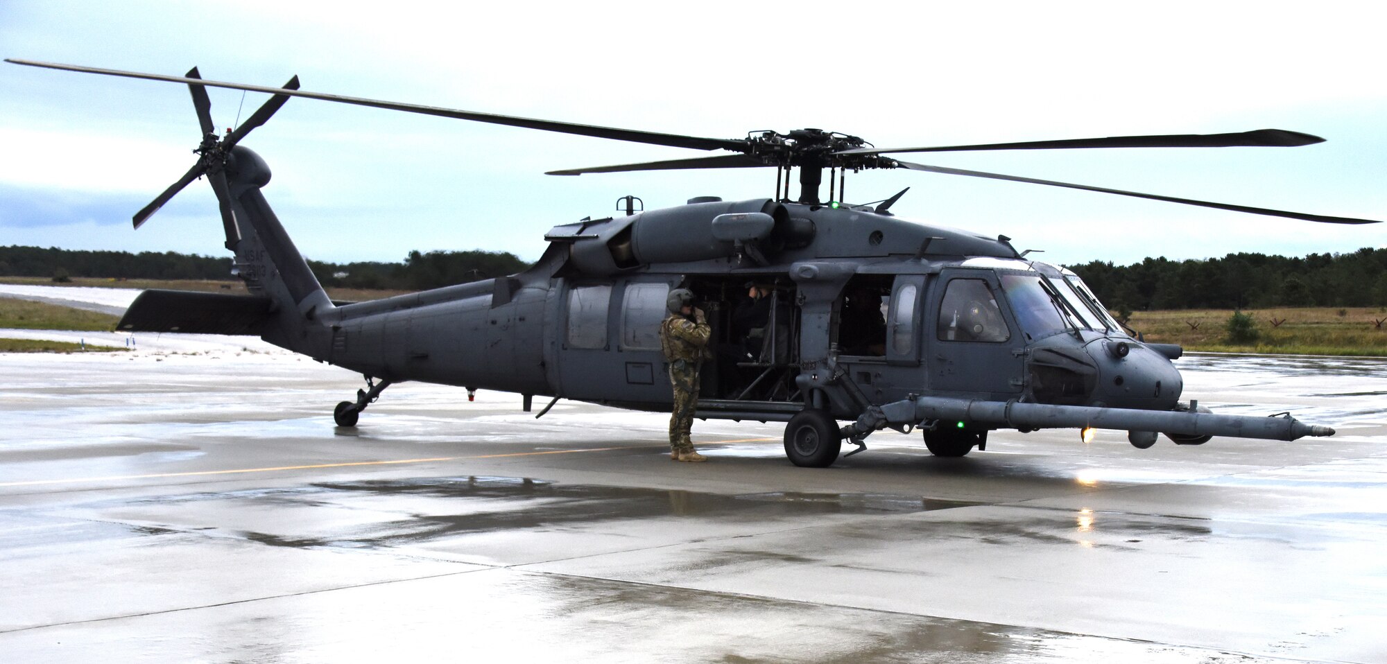 An HH-60G Pave Hawk helicopter from the 106th Rescue Wing assigned to the New York Air National Guard, sits before takeoff loaded with civilian employer passengers at Francis S. Gabreski Air National Guard Base, N.Y., Oct. 13, 2018.