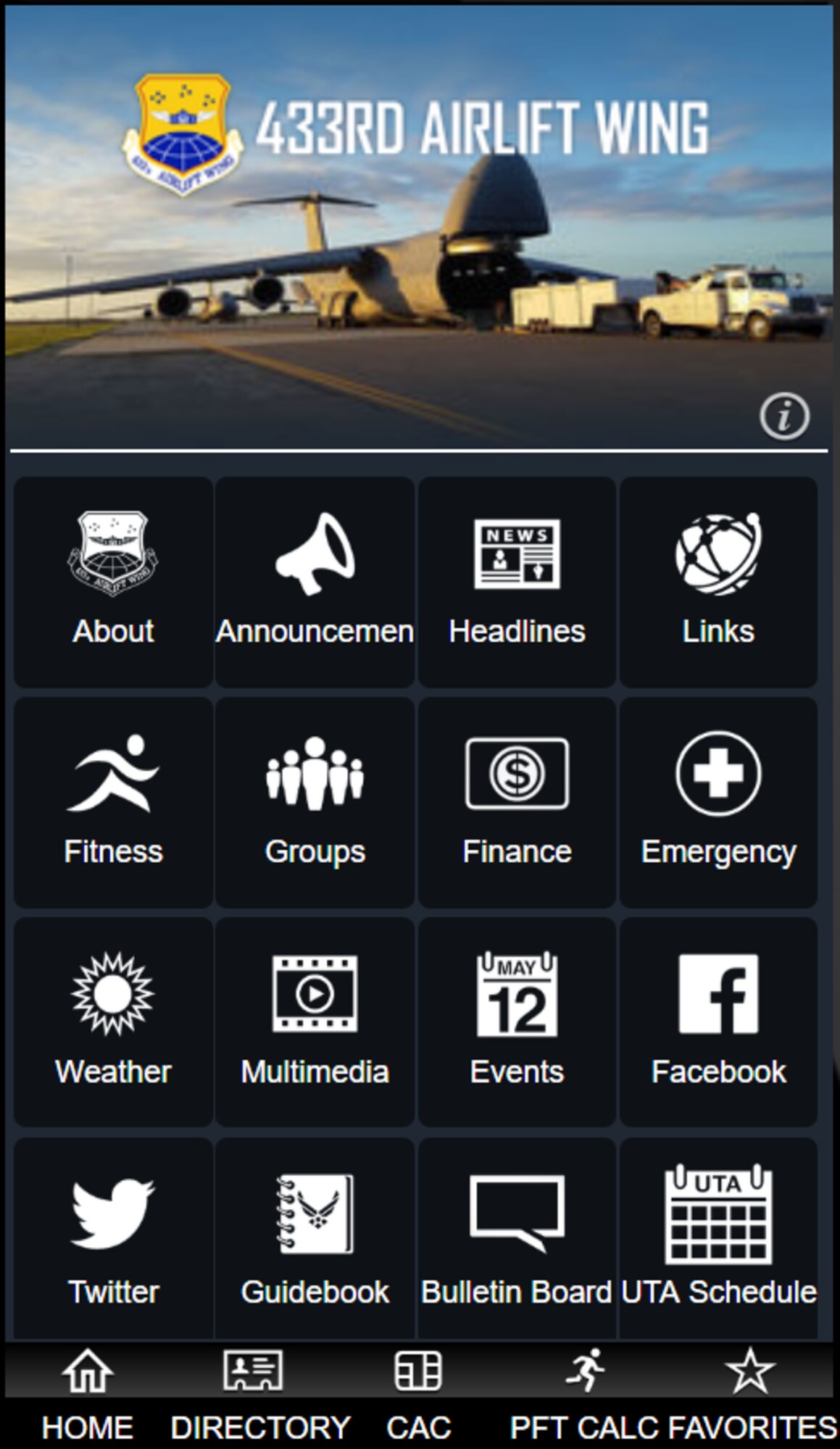 Screenshot of AF Connect app, 433rd Airlift Wing page.