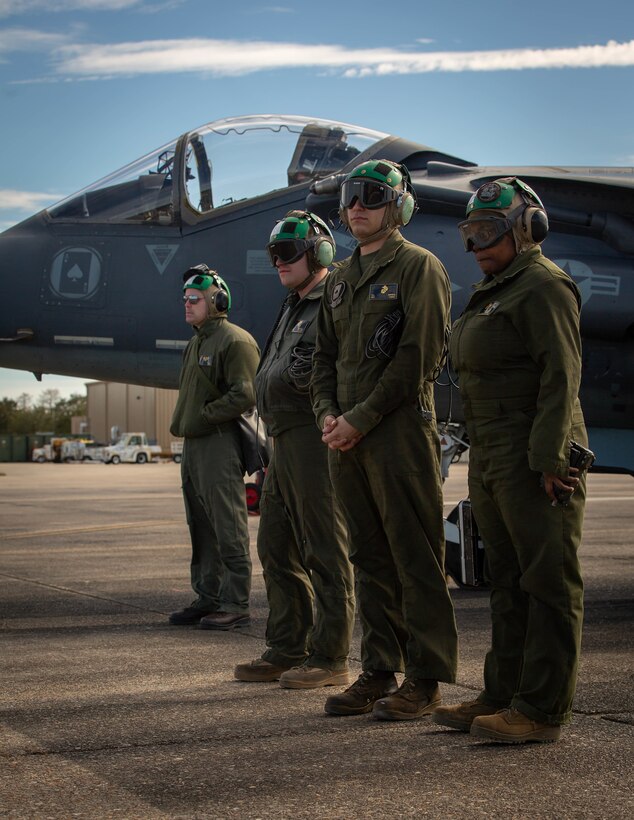 U.S. Marines stand by to prepare a U.S. Marine Corps AV-8B Harrier for flight, during exercise Bayou Thunder at Naval Air Station Joint Air Base New Orleans, L.A., Jan. 30, 2019. The purpose of the exercise is to enhance Marine attack Squadron (VMA) 231's air-to-air and air-to-ground capabilities while also strengthening service interoperability with joint services. The Marines and aircraft are assigned to VMA-231, Marine Aircraft Group 14, 2nd Marine Aircraft Wing. (U.S. Marine Corps photo by Cpl. Cody Rowe)