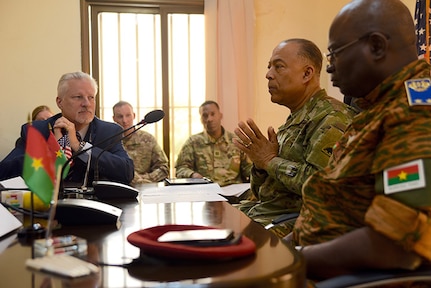 Maj. Gen. William J. Walker, commanding general, District of Columbia National Guard, speaks during a signing ceremony with the National Armed Forces of Burkina Faso at the Ministry of Defense Feb. 1, 2019.  Burkina Faso became the 76th nation to join the National Guard Bureau's State Partnership Program.  Dignitaries to witness the historic signing included Burkina Faso's Secretary General of the Ministry of Defense Justin Som, U.S. Ambassador to Burkina Faso Andrew Young, Brig. Gen. Moses Miningou, the chief of general staff for the National Armed Forces of Burkina Faso, and U.S. Army Brig. Gen. Steven DeMilliano, deputy director for strategy, engagement and programs directorate at United States Africa Command.