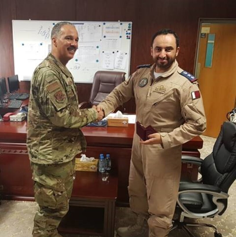 Col. David Cochran, 167th Airlift Wing commander, meets with Col. Hamed Al-Gahtani, deputy commander for the Qatari Emiri Air Force Airlift Wing, Jan. 30, 2019, in Al Udied, Qatar. Cochran was attending the U.S. Central Command Security Cooperation Round Table event and met with the colonel  prior to an upcoming West Virginia/Qatar State Partnership Program meeting.  The West Virginia National Guard began the partnership with Qatar in April 2018. Through the partnership, the WVNG seeks to increase military and diplomatic cooperation, develop and expand defense capabilities and mutually beneficial training interactions. “The 167th AW is excited about the partnership and looks forward to growing the relationship with the QEAF,” Cochran said.