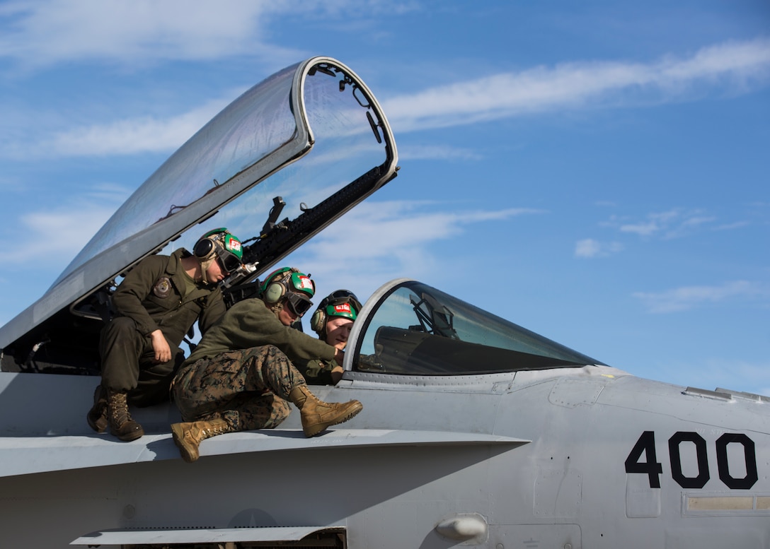 A Marine from Marine Fighter Attack Squadron (VMFA) 232, Marine Aircraft Group 11, conducts a preflight function check with an F/A-18C Hornet pilot before a training exercise known as the ‘Elephant Walk’ on Marine Corps Air Station Miramar, Calif., Feb. 1.  MAG-11 conducted this training to exercise its real-world capabilities. Exercises such as this provide realistic, relevant training necessary for 3rd MAW to “Fix, Fly, and Fight” as the Marine Corps’ largest aircraft wing and ensures the unit remains combat-ready, inter-operable, deployable on short notice, and lethal when called into action. (U.S. Marine Corps photo by Cpl. Nadia J. Stark)