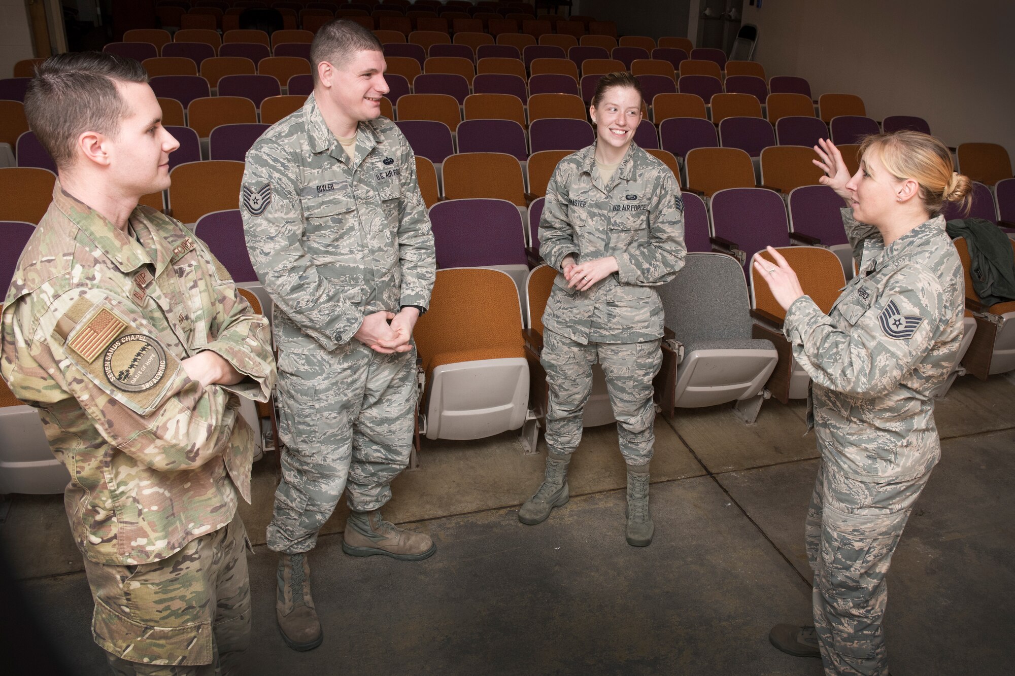 Officers for the 167th Airlift Wing’s Rising Six Council, left to right, Tech. Sgt. Geoffrey Blankenship, Tech. Sgt. Jacob Bixler, Staff Sgt. Kayla Hoffmaster and Tech. Sgt. Jessica Hughes, discuss some of their ideas for the council this year. (U.S. Air National Guard photo by Senior Master Sgt. Emily Beightol-Deyerle)