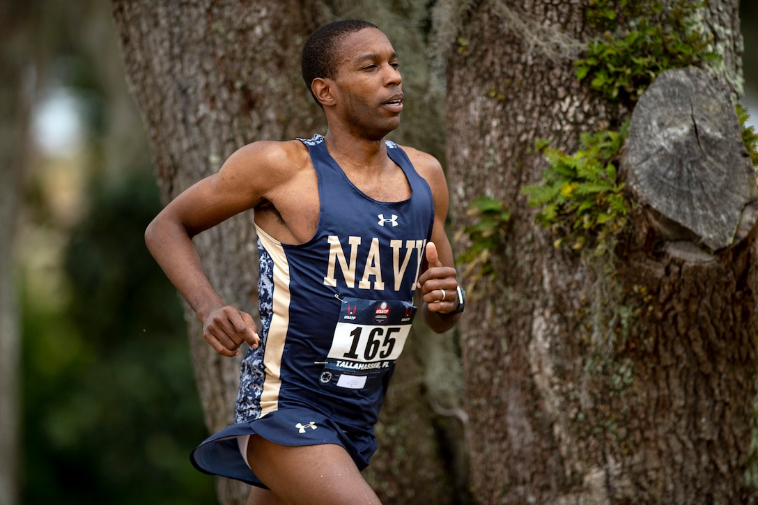 Navy Lt. Cmdr. William Christian competes in the 2019 Armed Forces Cross Country Championship and simultaneously the 2019 USA Track and Field Cross Country Championship .