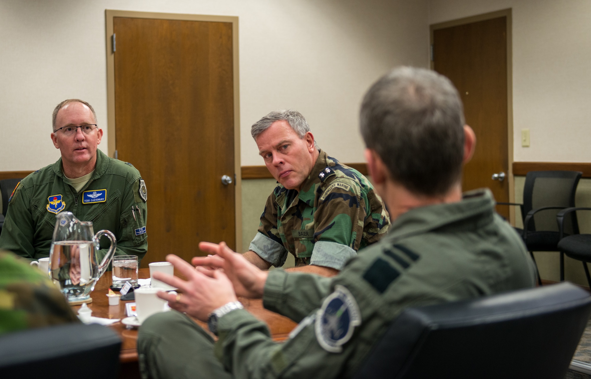 Netherlands Chief of Defense, Lieutenant Admiral Rob Bauer, receives a mission brief from 56th Fighter Wing leadership at Luke Air Force Base Ariz. Jan 30, 2019. Brig. Gen. Todd Canterbury discussed the wing’s F-35A training mission and the various partnerships that Luke AFB has. (U.S Air Force photo by Airman 1st Class Jacob Wongwai)