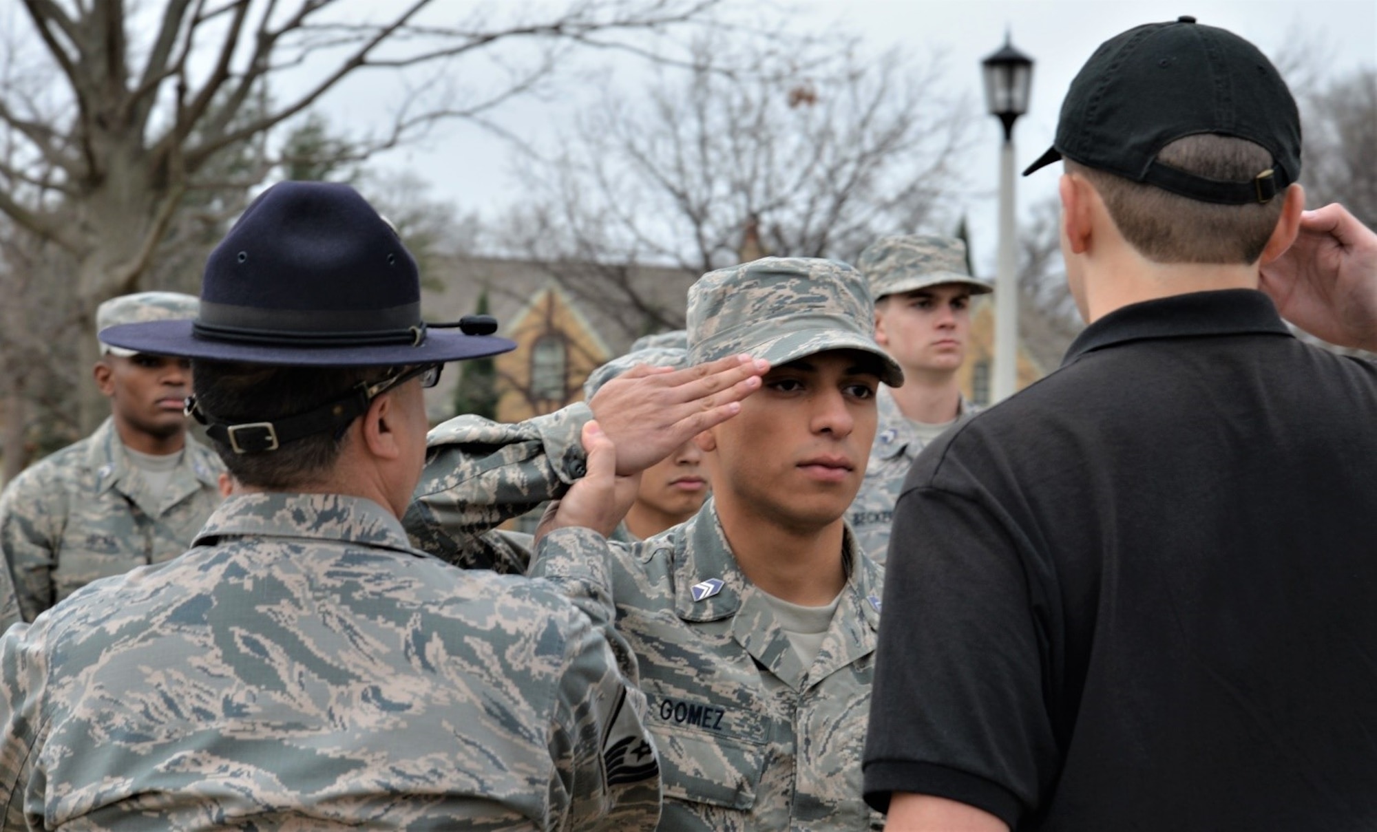 Master Sgt. Edward Rivera, a military training instructor with the 433rd Training Squadron at Joint Base San Antonio-Lackland, instructs AFROTC Det. 845 cadets at Texas Christian University, Fort Worth, Texas, on military customs and courtesies.(Photo by Clayton Church, US Army Corps of Engineers)