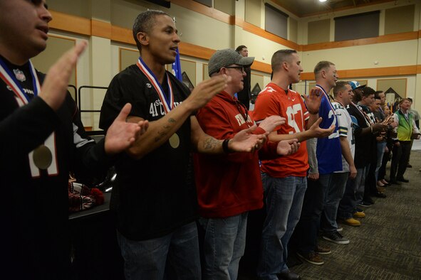 Winners of the 2018 Annual Awards Banquet chant the Air Force song Feb. 2, 2019, at Malmstrom Air Force Base, Mont.