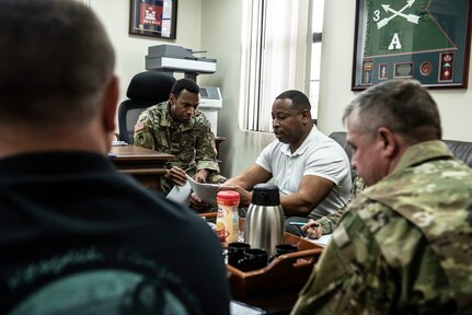 U.S. Army Col. Kevin Russell, Joint Task Force-Bravo commander, speaks with the U.S. Army South Sexual Harassment/Assault Response and Prevention Program team during their visit to Soto Cano Air Base, Honduras, Jan. 14, 2019.