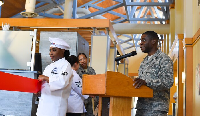 Colonel Terrence Adams, 628th Air Base Wing commander, gives the welcoming remarks during a ribbon-cutting ceremony to mark the reopening of the Gaylor Dining Facility Feb. 1, 2019, at Joint Base Charleston, S.C.