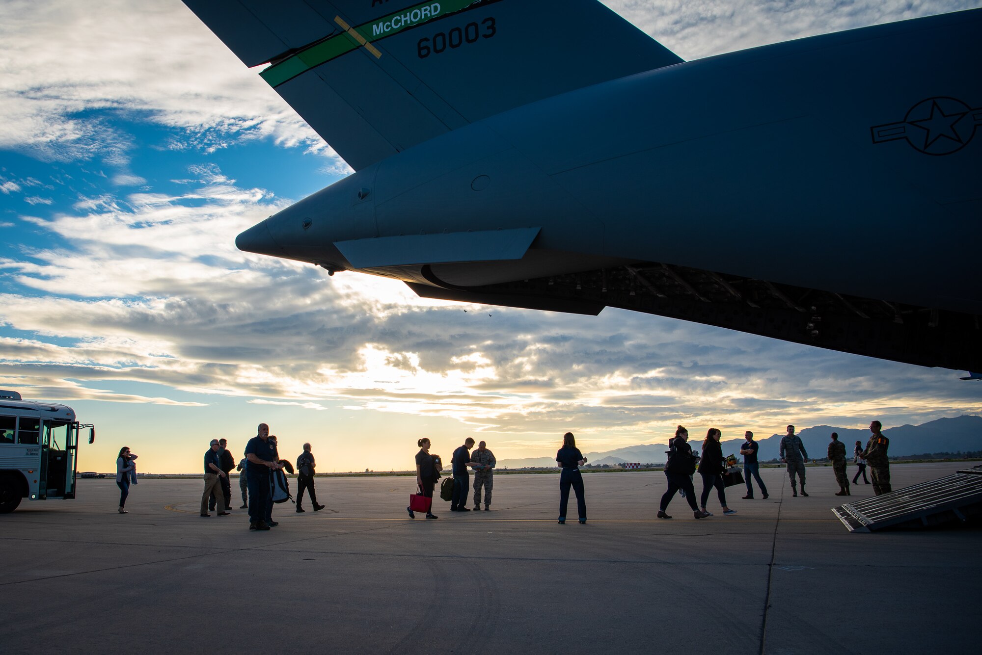 Civic Leaders from Mountain Home Air Force Base, Idaho, load onto a C-17 Globemaster III to travel home, Jan. 31, 2019 at Luke Air Force Base, Ariz.