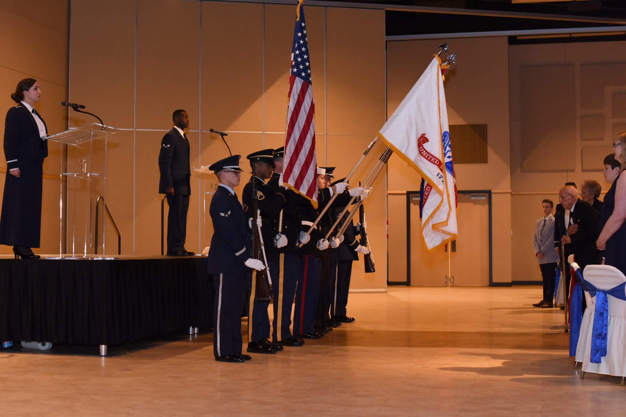 Joint Service Color Guard presents arms before the Annual Awards ceremony at the McNeese Convention Center in San Angelo, Texas, Feb. 1, 2019. Members from Goodfellow were invited to bring their families and friends to enjoy a night of celebration dedicated to those who stand out amongst their peers. (U.S. Air Force photo by Airman 1st Class Zachary Chapman/Released)