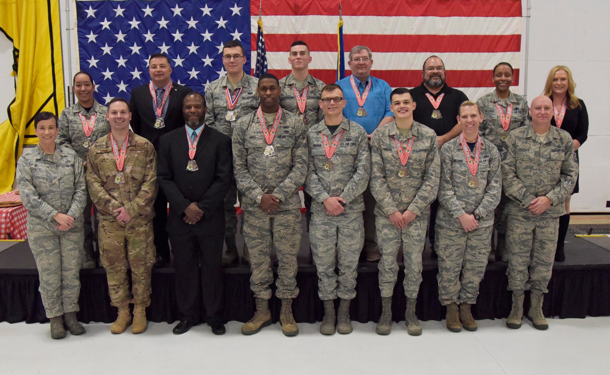 Winners of the 81st Training Wing's 2018 Annual Awards Ceremony pose for a photo during a ceremony at Keesler Air Force Base, Mississippi, Feb. 1, 2019. During the ceremony, base leadership recognized outstanding Airmen and civilians from across the installation for their accomplishments throughout 2018. (U.S. Air Force photo by Kemberly Groue)