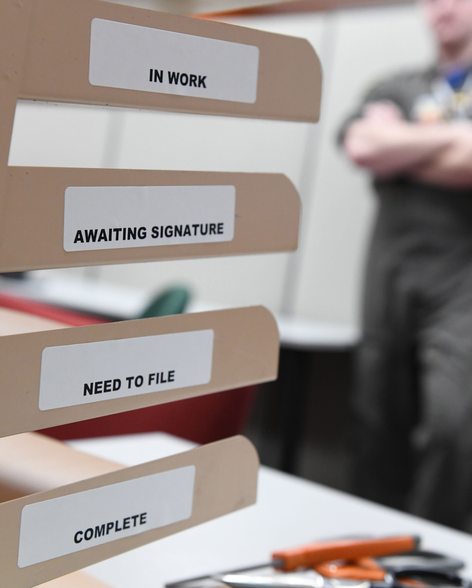 A shelf is labeled with organizational stickers in preparation for tax season at Ellsworth Air Force Base, S.D., Feb. 1, 2019. The tax center is open to help base members, retirees and military families with their 2018 tax forms for free. (U.S. Air Force photo by Airmen 1st Class Thomas Karol)