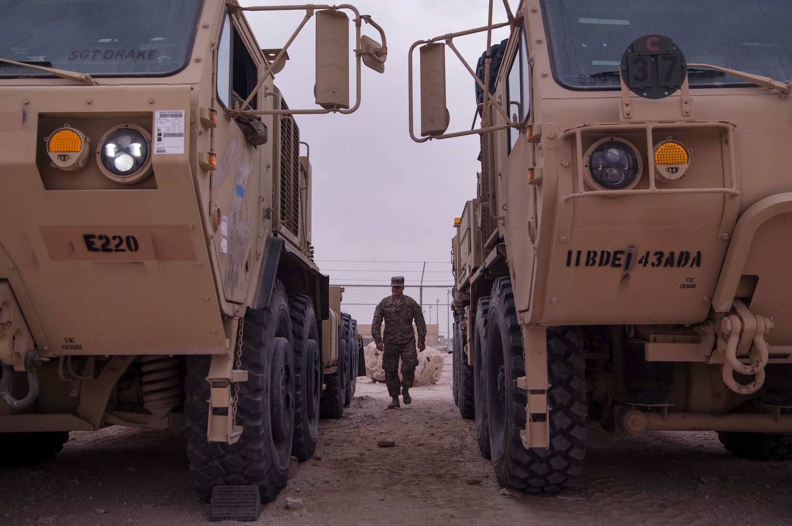 U.S. Army Spc. Brent Fleming, Echo Company, 1st Battalion, 43rd Air Defense Artillery (ADA) Battalion, 11th ADA Brigade allied trade specialist, assists in conducting operations checks on military vehicles Jan. 29, 2019, at Al Udeid Air Base, Qatar. Soldiers of Echo Company perform mechanical work and repairs for various equipment and assets that support Al Udeid’s air defense capabilities, including surface-to-air missile systems. (U.S. Air Force photo by Tech. Sgt. Christopher Hubenthal)