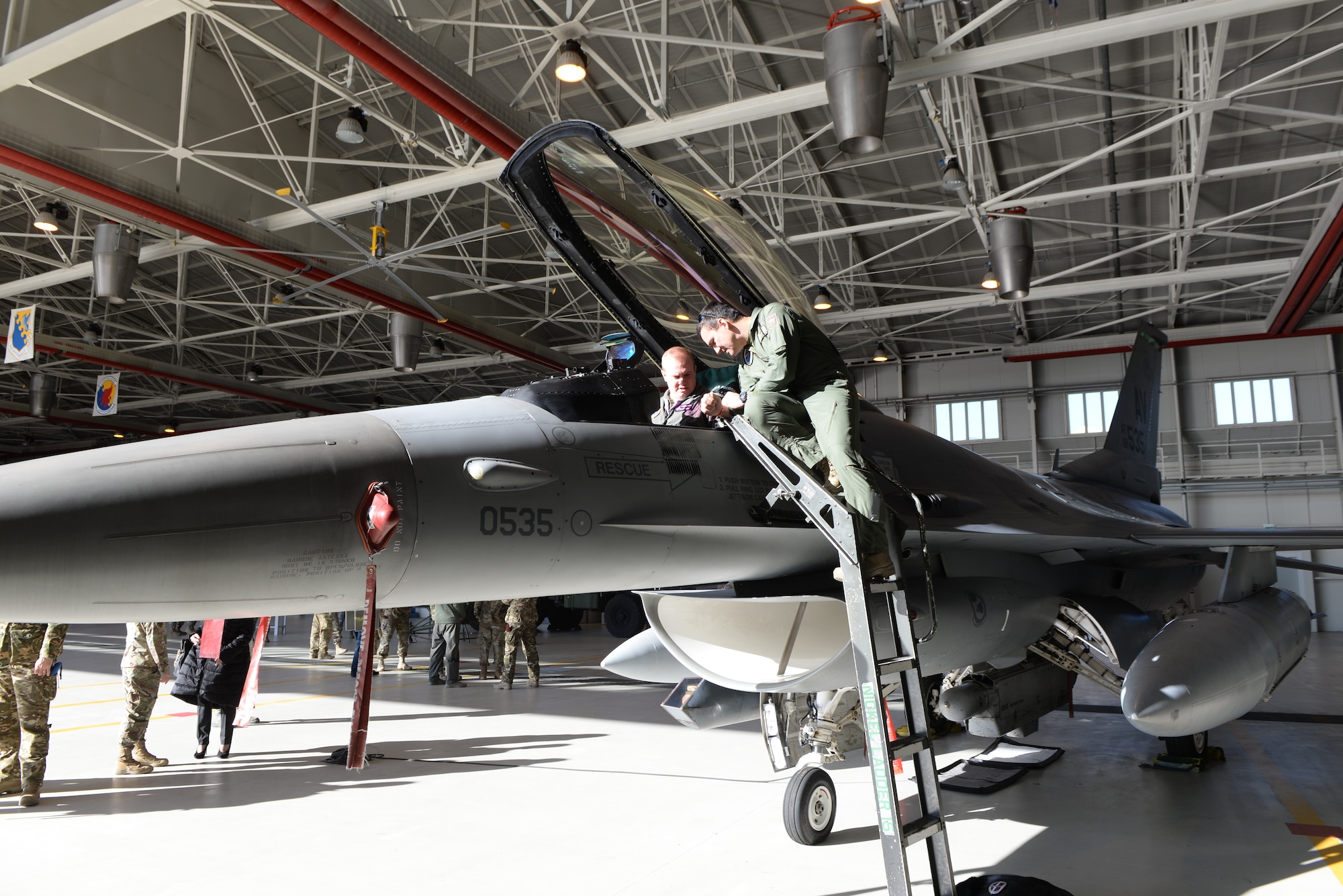 A Slovenian Armed Forces leader sees an F-16 Fighting Falcon cockpit, Jan. 22, 2019, at Aviano Air Base, Italy.