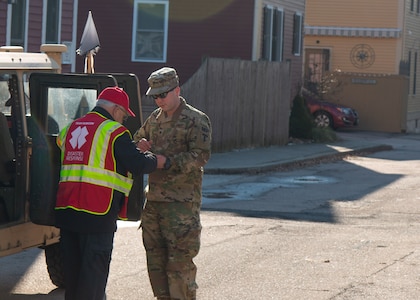 Members of the Rhode Island National Guard go door to door to inform and assist the community after a gas line issue left 7,000 homes in Newport and Middletown without heat on Thursday, January 24, 2019.  The Rhode Island National Guard was part of a multi-agency response to the incident after the Governor declared a state of emergency.  The RING went door to door to check on the health and welfare of the affected communities and keep them up to date as the repairs to the system progressed.  (U.S. Army National Guard photo by Capt. Mark Incze)