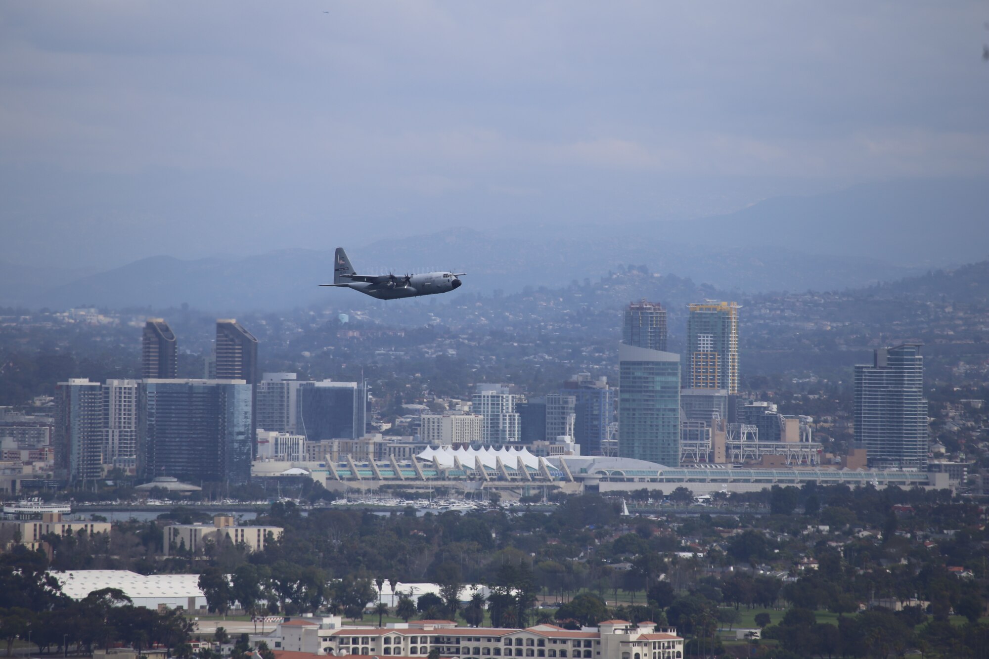 A 53rd Weather Reconnaissance Squadron WC-130J aircraft taking off out of Naval Air Station North Island, San Diego, California for an 8.5 hour mission for one of the missions into an Atmospheric River Feb. 1, 2019.  The Atmospheric Rivers research missions are flown during the winter season to provide weather data forNational Center for Environmental Protection, who runs the Global Forecast System models and  Scripps Institution of Oceanography. (U.S. Air Force courtesy photo.)