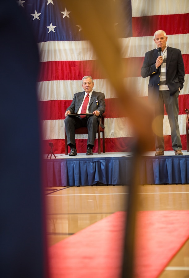 Retired Maj. Gen. John Admire (right) speaks about retired Maj. Edward F. Wright (left) at Portland, Ore., Feb. 1, 2019. Wright was awarded the medal for his actions on Aug. 21, 1967, when he led a reaction force against North Vietnamese forces that had ambushed an Army convoy and pinned down his company commander’s relief force. While exposed to intense enemy fire, Wright’s tactical skills and placement of fire support enabled his force to steadily advance and rescue the besieged Soldiers and Marines. Wright was a second lieutenant serving with Lima Company, 3rd Battalion, 3rd Marine Regiment in the Republic of Vietnam at the time. (U.S. Marine Corps photo by Sgt. Andy O. Martinez)