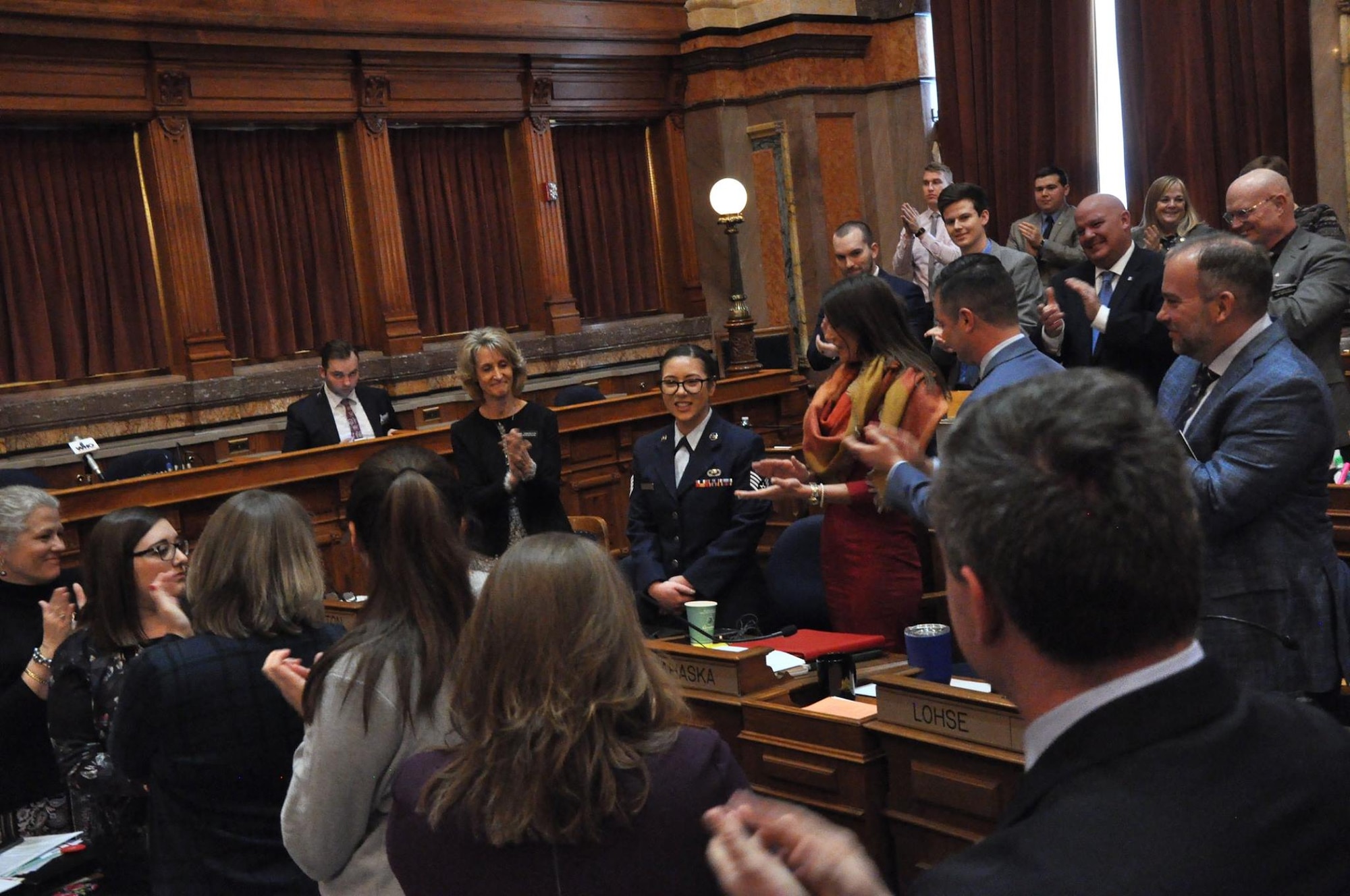 Staff Sgt. Jessica Thomerson, a weaponeer with the 233rd Intelligence Squadron (IS), is recognized by multiple representatives during the Eighty-Eighth General Assembly at the Iowa State Capitol on January 17th, 2019. Thomerson was recognized for her work during the Patriot North exercise at Volk Air Field, Wisconsin. (Iowa National Guard photo by Lt. Col. Timothy Mills)