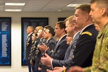 The top Army leaders and top recruiters at the start of the recruiter recognition ceremony.