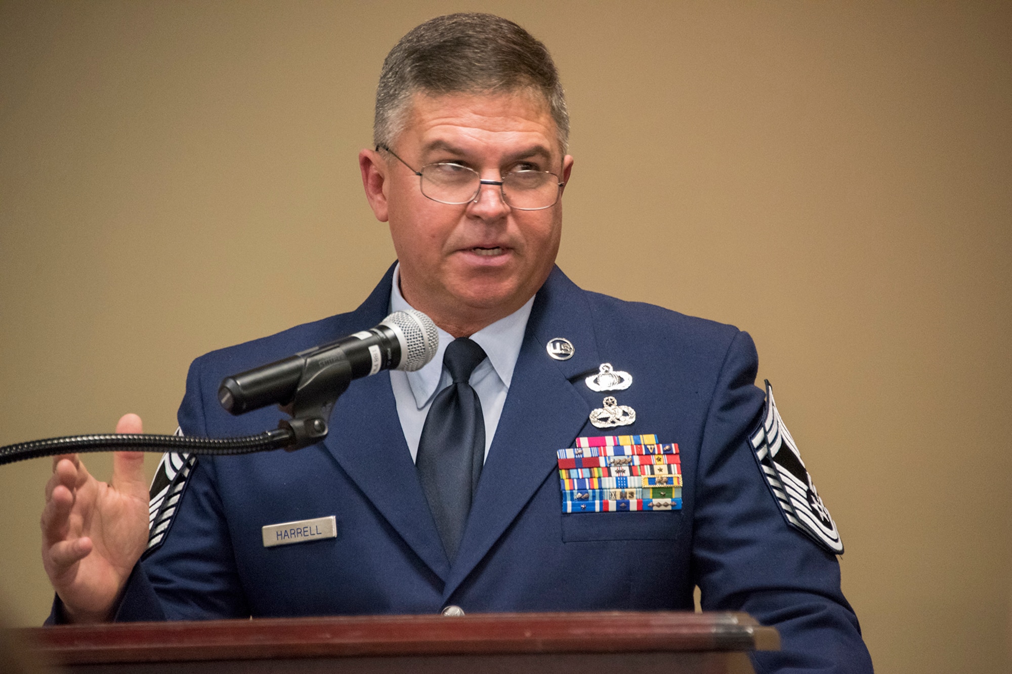 Chief Master Sgt. Nathan E. Harrell, 288th Operations Support Squadron superintendent, addresses Airmen of the 188th Wing during his promotion ceremony at Ebbing Air National Guard Base, Fort Smith, Ark., Feb. 2, 2019. Harrell has over 36 years of military service, and has been a member of the 188th Wing since 1985. (U.S. Air National Guard photo by Staff Sgt. Emmanuel Gutierrez)