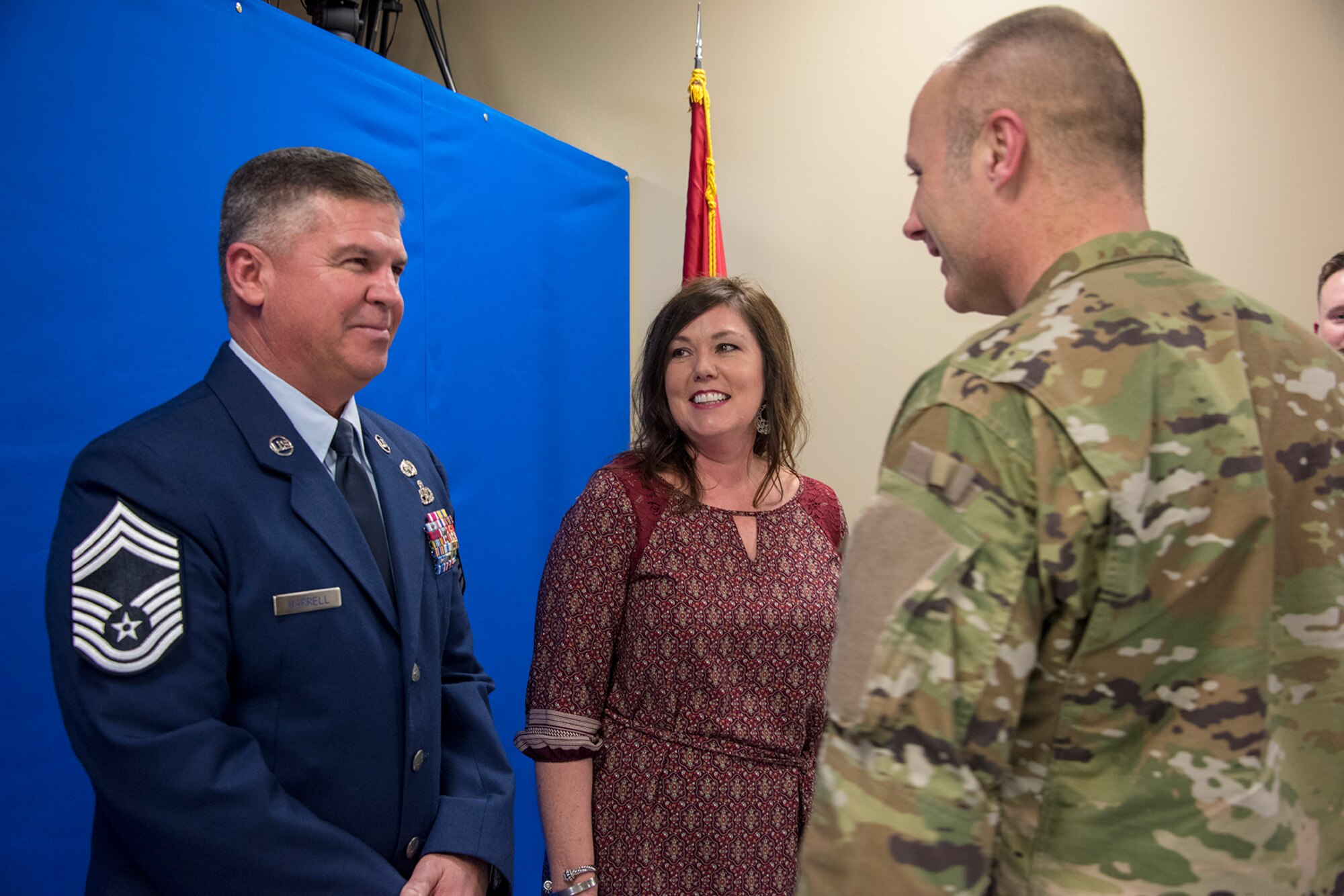 Col. Robert I. Kinney, 188th Wing commander, congratulates Chief Master Sgt. Nathan E. Harrell, 288th Operations Support Squadron superintendent, after his promotion ceremony at Ebbing Air National Guard Base, Fort Smith, Ark., Feb. 2, 2019. Harrell has over 36 years of military service, and has been a member of the 188th Wing since 1985. (U.S. Air National Guard photo by Staff Sgt. Emmanuel Gutierrez)