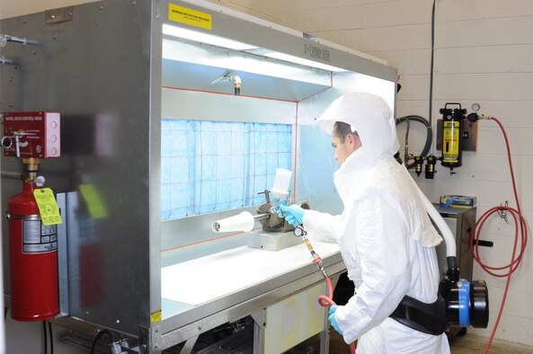 A.J. Spicer, an engineer at AEDC Hypervelocity Tunnel 9 in White Oak, Maryland, uses the facility’s new Temperature-Sensitive Paint Application Lab to apply a coating of TSP to a test article. The lab has been operational since spring of 2018. Unused space at Tunnel 9 was converted to make way for the lab, which is used to both apply TSP to wind tunnel test articles and continue the development and refinement of TSP formulations and application techniques.