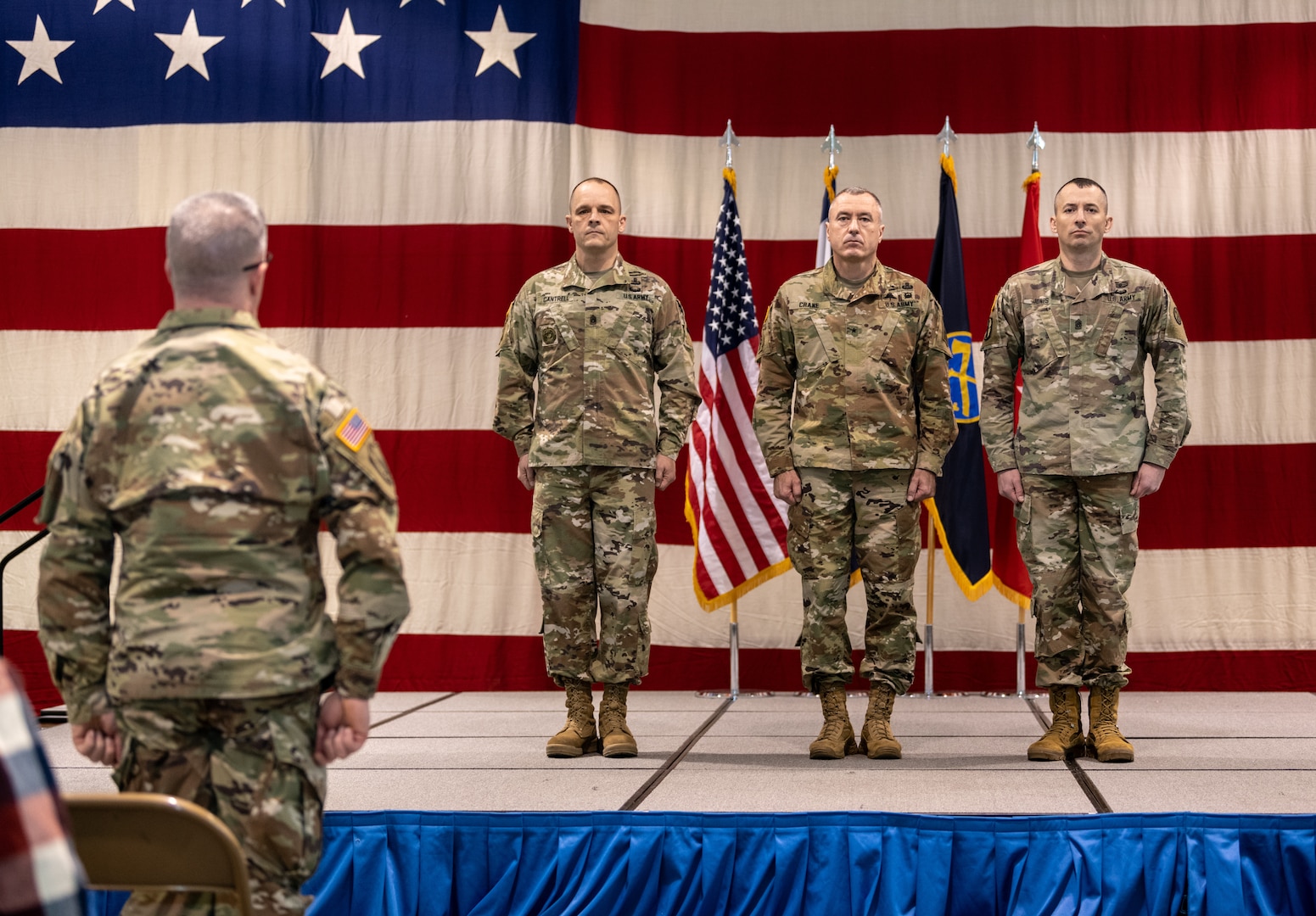 Command Sgts. Maj. James "Dusty" Jones, Phillip Cantrell, and James Allen took part in change of responsibility ceremonies held Feb. 2, 2019 at the WVNG Joint Forces Headquarters in Charleston.