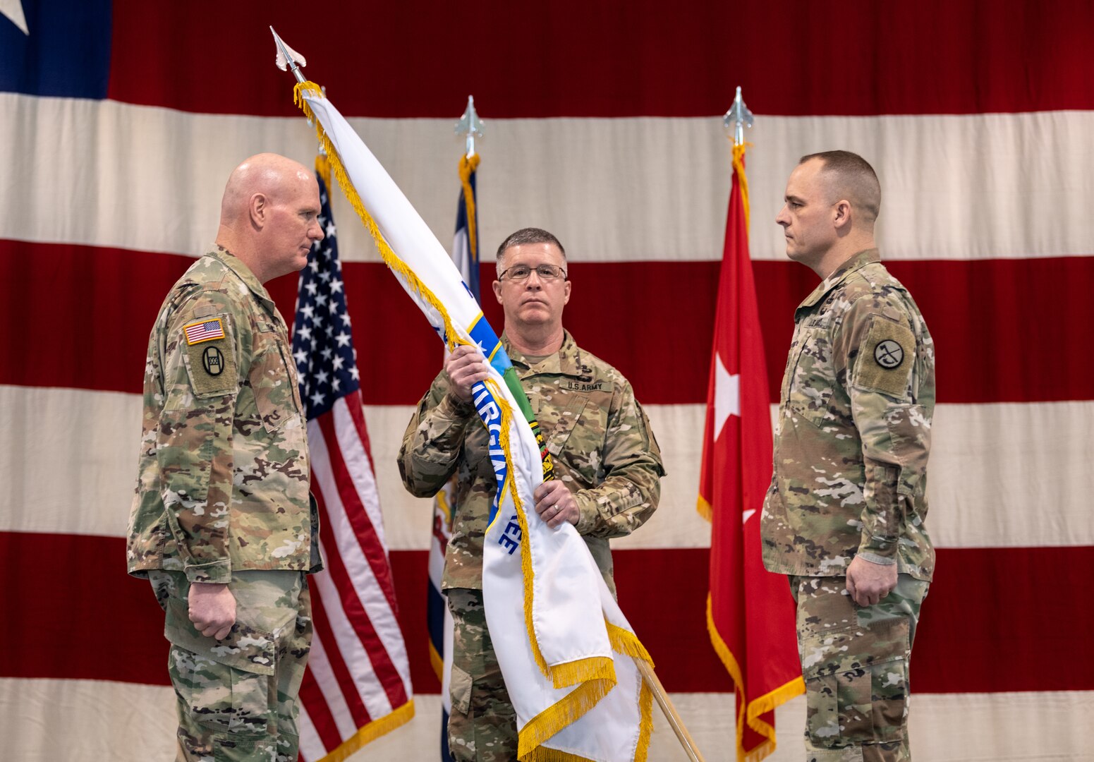 Command Sgts. Maj. James "Dusty" Jones, Phillip Cantrell, and James Allen took part in change of responsibility ceremonies held Feb. 2, 2019 at the WVNG Joint Forces Headquarters in Charleston.