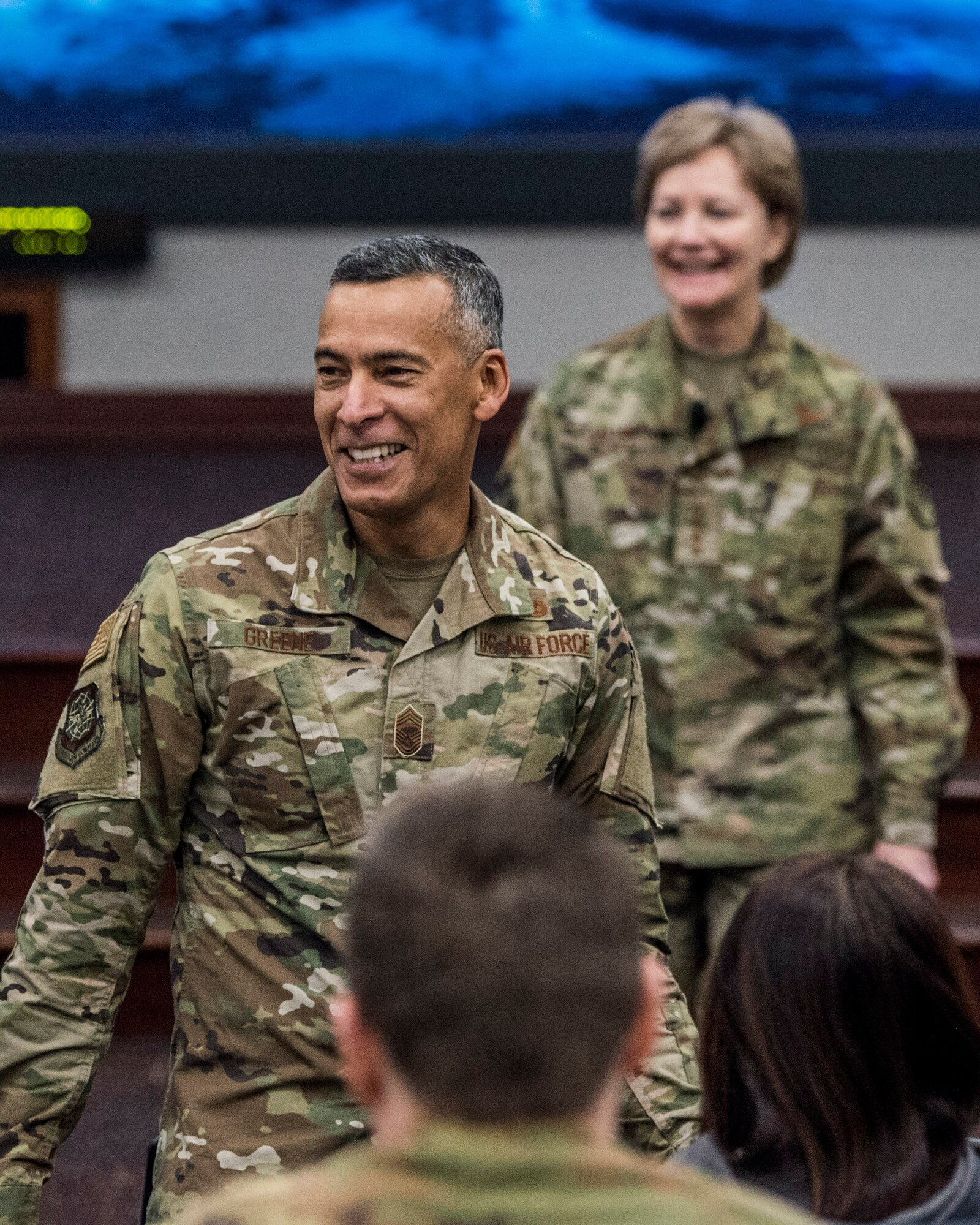 Chief Master Sgt. Terrence Greene, Air Mobility Command command chief speaks to a room full of future and current squadron commanders of AMC, Scott Air Force Base, Illinois, Jan. 7, 2019.