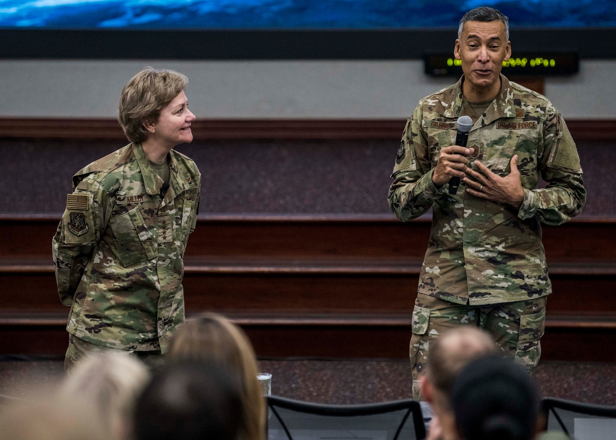 Chief Master Sgt. Terrence Greene, Air Mobility Command command chief speaks to a room full of future and current squadron commanders of AMC, Scott Air Force Base, Illinois, Jan. 7, 2019.