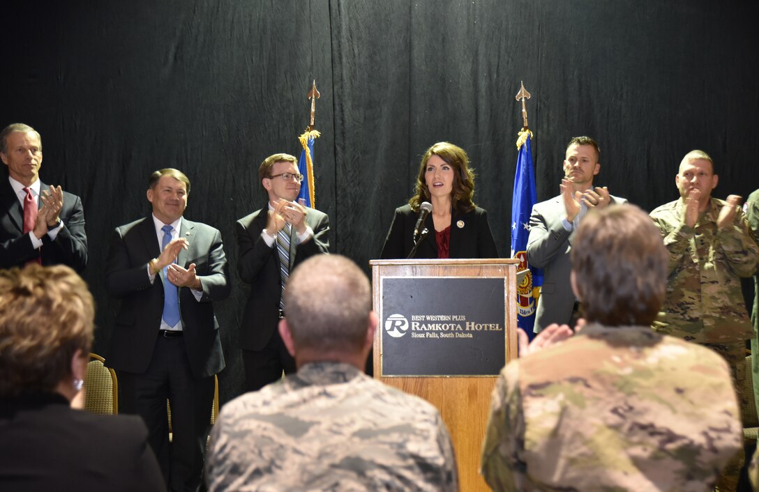 Gov. Kristi Noem, 33rd governor of South Dakota, speaks with 114th Fighter Wing Airmen during a Welcome Ceremony in Sioux Falls, S.D., Feb. 3, 2019.