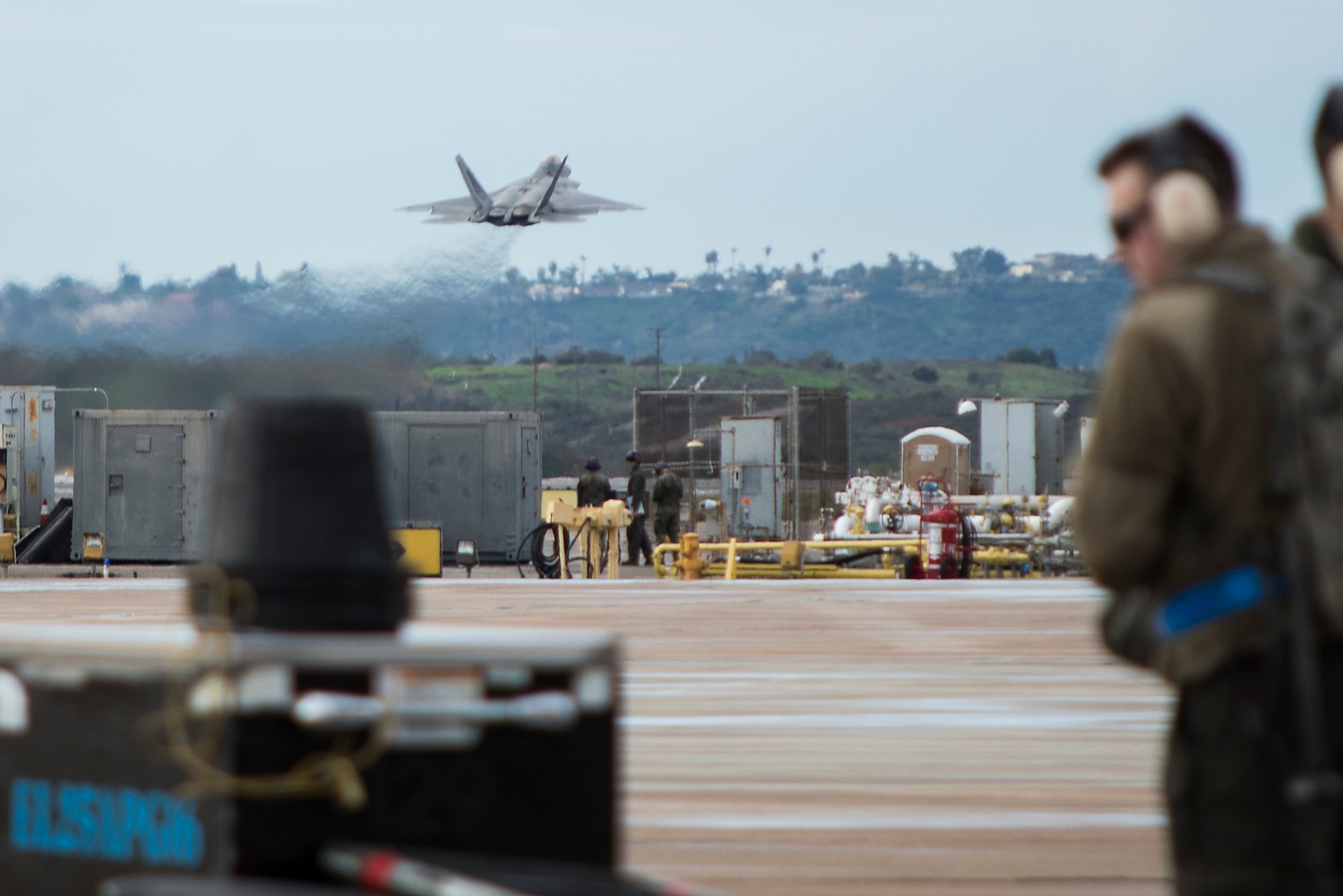 A U.S. Air Force F-22 Raptor takes off during in-house exercise Patriot Grizzly and joint exercise Winter Fury at Marine Corps Air Station Miramar, San Diego, Calif., Jan. 15, 2019. Both exercises enabled Joint Base Elmendorf-Richardson, Alaska, aircrew and pilots to practice standardized tactics through consistent flying. Winter Fury involved both Marine F/A-18C Hornets, and Navy F-35C Lightning II’s, partnering with F-22s to perform air-to-air combat.