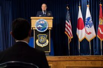 U.S. Air Force Lt. Gen Jerry P. Martinez, outgoing commander for both United States Forces Japan and 5th Air Force, gives remarks during the change of command ceremony at Yokota Air Base, Japan, Feb. 5, 2019. During the ceremony, U.S. Air Force Lt. Gen. Kevin B. Schneider assumed command of USFJ and 5th AF from Martinez. (U.S. Air Force photo by Senior Airman Donald Hudson)