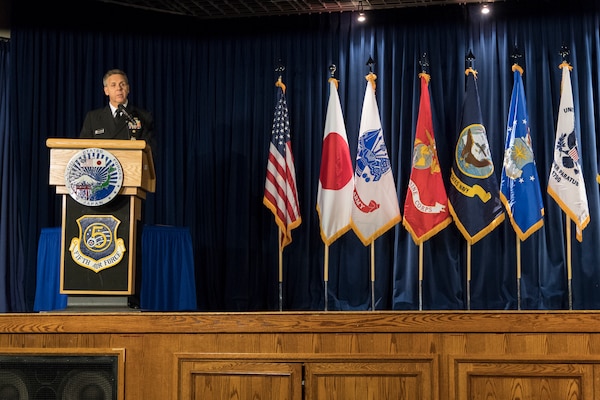 U.S. Navy Adm. Philip S. Davidson, commander, U.S. Indo-Pacific Command, gives remarks during the United States Forces Japan and 5th Air Force change of command ceremony at Yokota Air Base, Japan, Feb. 5, 2019. During the ceremony, U.S. Air Force Lt. Gen. Kevin B. Schneider assumed command from U.S. Air Force Lt. Gen. Jerry P. Martinez. (U.S. Air Force photo by Senior Airman Donald Hudson)