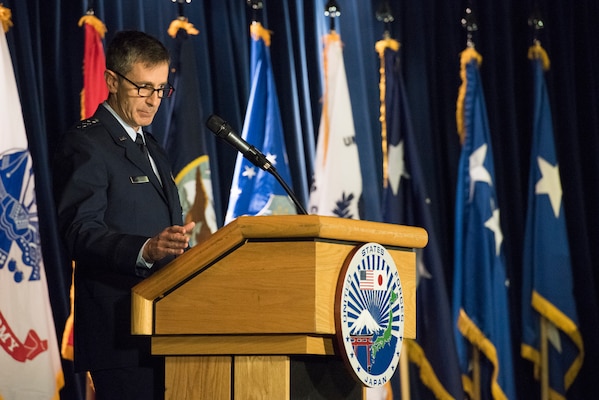 U.S. Air Force Lt. Gen. Kevin B. Schneider, commander of U.S. Forces Japan, delivers his remarks as the incoming United States Forces Japan and 5th Air Force commander during a change of command ceremony, at Yokota Air Base, Japan, Feb. 5, 2019. Schneider previously served as the chief of staff, U.S. Indo-Pacific Command. (U.S. Air Force photo by Senior Airman Donald Hudson)