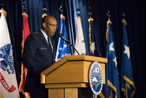 U.S. Air Force Gen. CQ Brown, Jr., Pacific Air Forces commander, presides over the 5th Air Force change of command ceremony between U.S. Air Force Lt. Gen. Jerry P. Martinez and U.S. Air Force Lt. Gen. Kevin B. Schneider, at Yokota Air Base, Japan, Feb. 5, 2019. After the ceremony concluded, Schneider officially became commander of United States Forces Japan and 5th Air Force. (U.S. Air Force photo by Senior Airman Donald Hudson)