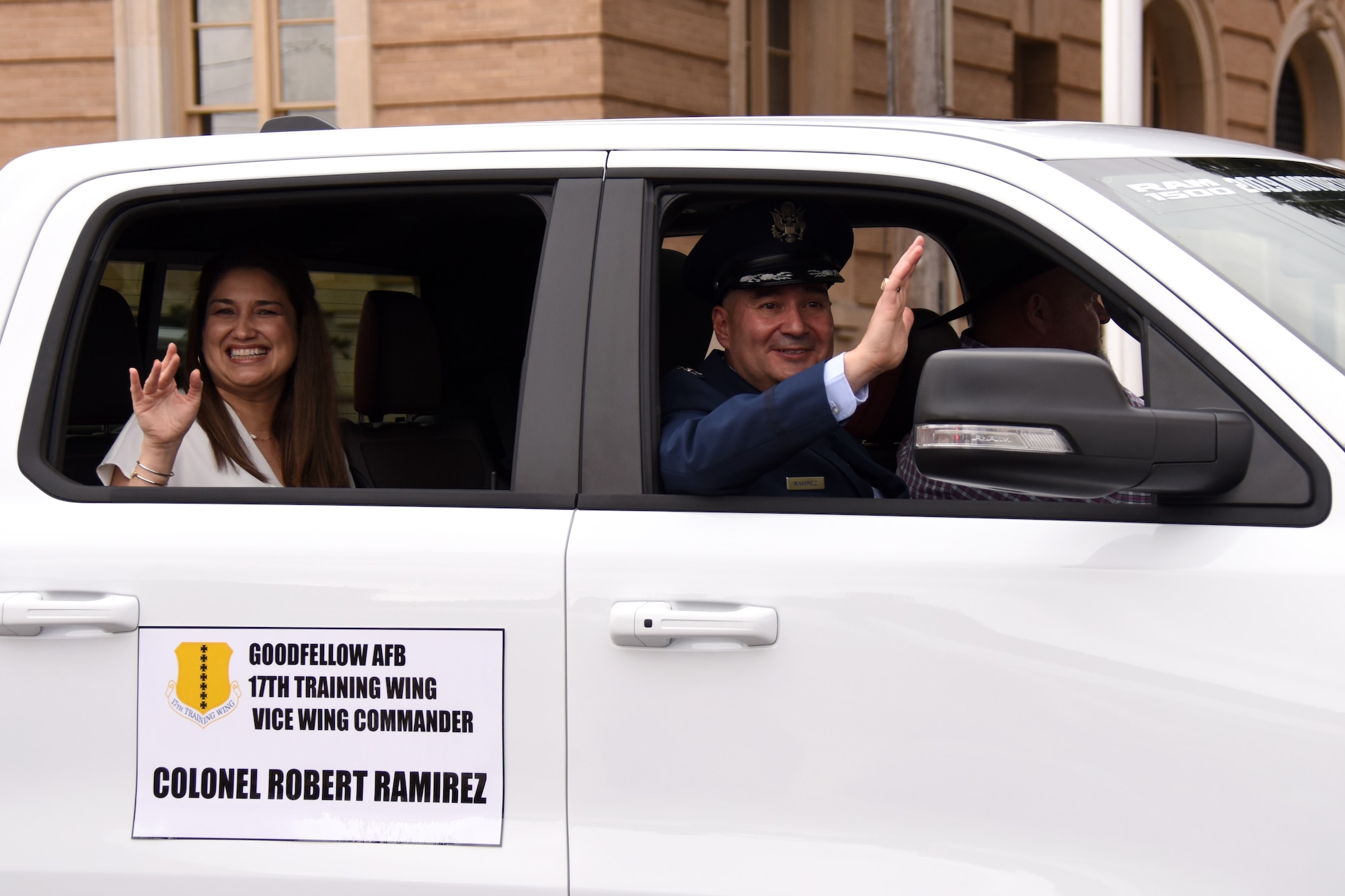 U.S. Air Force Col. Robert Ramirez, 17th Training Wing vice commander, and his wife Jeanette ride in the 87th annual San Angelo Stock Show and Rodeo Parade. Military Appreciation night at the Rodeo will be held on Feb. 13, 2019. (U.S. Air Force photo by Senior Airman Seraiah Hines/Released)