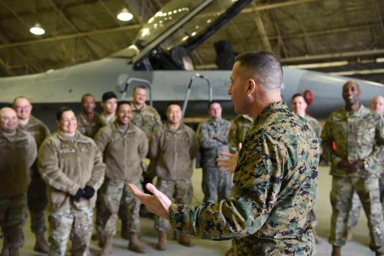 U.S. Marine Corps Sgt. Maj. Anthony Spadaro, U.S. Pacific Command senior enlisted leader, speaks to members of Team Osan at Osan Air Base, Republic of Korea, Jan. 28, 2019. During his visit, Spadaro met enlisted members from various units across the base and was briefed on their contributions to the wing mission. (U.S. Air Force photo by Airman 1st Class Ilyana A. Escalona)