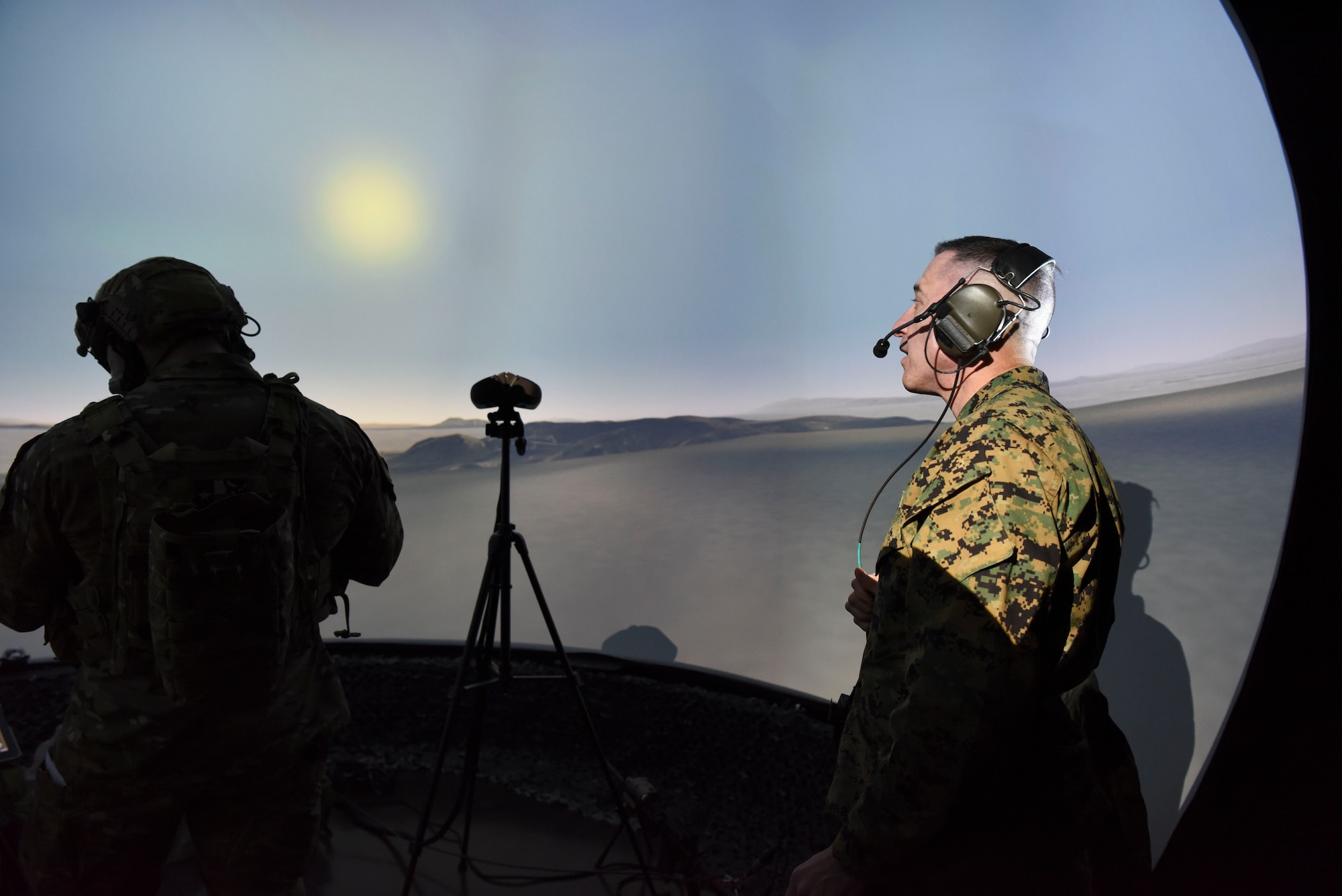U.S. Marine Corps Sgt. Maj. Anthony Spadaro, U.S. Pacific Command senior enlisted leader, watches a simulation of tactical air control party operational procedures at Osan Air Base, Republic of Korea, Jan. 28, 2019. During his visit to Osan, Spadaro was able to talk with TACP and explosive ordnance disposal team members and tour their training facilities. (U.S. Air Force photo by Airman 1st Class Ilyana A. Escalona)