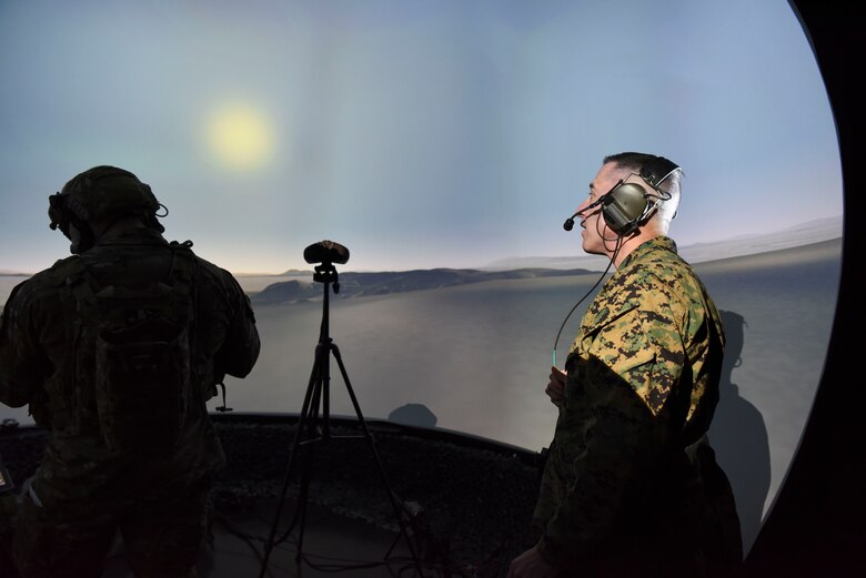 U.S. Marine Corps Sgt. Maj. Anthony Spadaro, U.S. Pacific Command senior enlisted leader, watches a simulation of tactical air control party operational procedures at Osan Air Base, Republic of Korea, Jan. 28, 2019. During his visit to Osan, Spadaro was able to talk with TACP and explosive ordnance disposal team members and tour their training facilities. (U.S. Air Force photo by Airman 1st Class Ilyana A. Escalona)