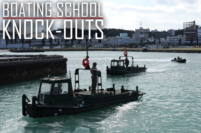 Combat engineers navigate across the water in bridge erection boats (BEBs) and a combat rubber raid craft Jan. 29, 2019 at Naha Military Port. The Marines with Improved Ribbon Bridge Platoon, Bridge Company, 9th Engineer Support Battalion, 3rd Marine Logistics Group are designated as BEB operators, who were tested on a series of maneuvers at the port in order to attain BEB licenses. BEBS are used to move and connect Improved Ribbon Bridge (IRB) bays, which is a tactical bridging system that can span across wet-gaps greater than 100 meters or can function as a raft to ferry vehicles and equipment across larger bodies of water. (U.S. Marine Corps photo by Sgt. Tiffany Edwards)