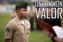 Sgt. David Lam receives the Navy and Marine Corps Achievement Medal on Camp Foster, Okinawa, Japan, Feb. 1, 2019. Lam received the medal for his fast response in aiding a U.S. Airman who was in a motorcycle accident on Dec. 31, 2018. Lam, an assistant warehouse chief with 3rd Transportation Support Battalion, Combat Logistics Regiment 3, 3rd Marine Logistics Group, is a native of San Jose, California. (U.S. Marine Corps photo by Lance Cpl. Armando Elizalde)